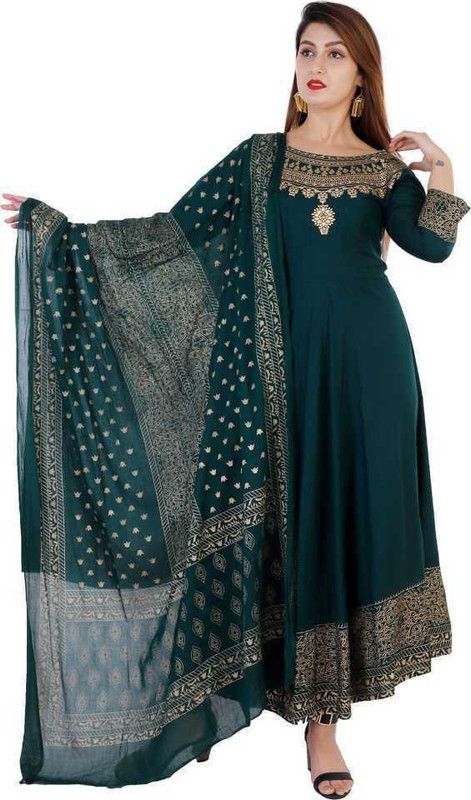 Women Printed Viscose Rayon Anarkali Kurta With Attached Dupatta  (Dark Green)