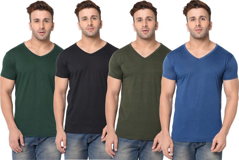 Pack of 4 Men Solid V Neck Cotton Blend Green, Blue, Black T-Shirt