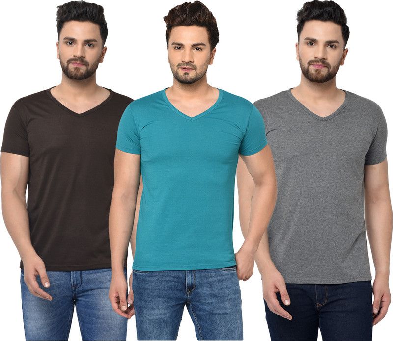 Pack of 3 V neck Combo T-shirts Men Solid V Neck Cotton Blend Light Blue, Brown, Grey T-Shirt