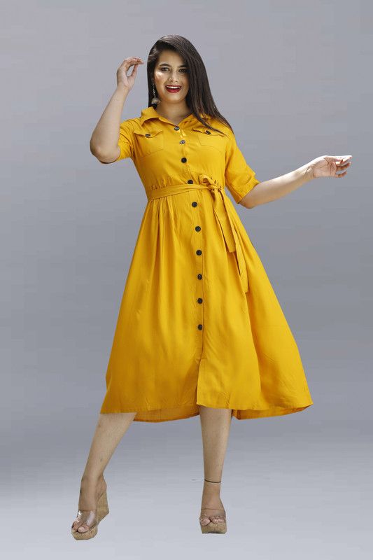 Women Pleated Yellow Dress