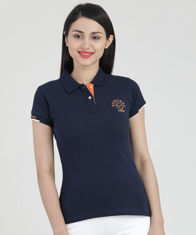 Women Embroidered Polo Neck Cotton Blend Dark Blue T-Shirt