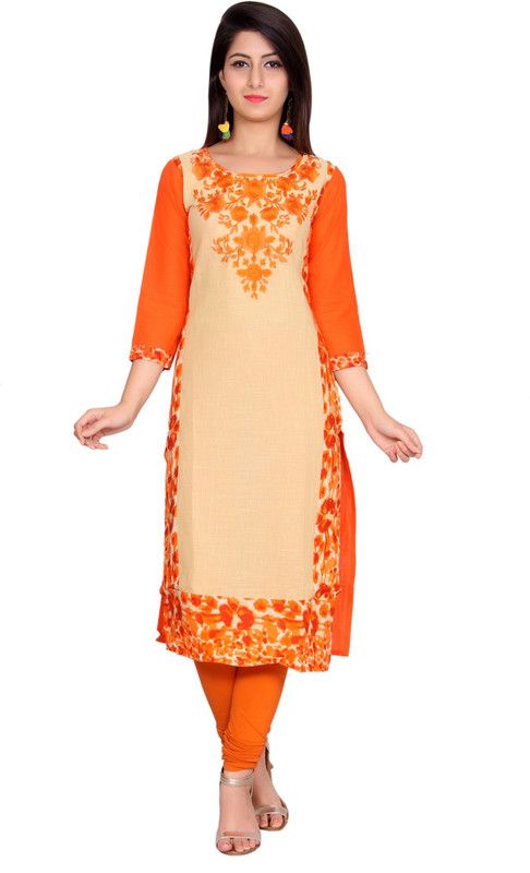 Women Block Print Cotton Blend Straight Kurta  (Orange)