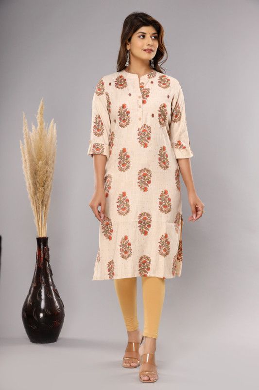 Women Floral Print Cotton Rayon Straight Kurta  (Beige)