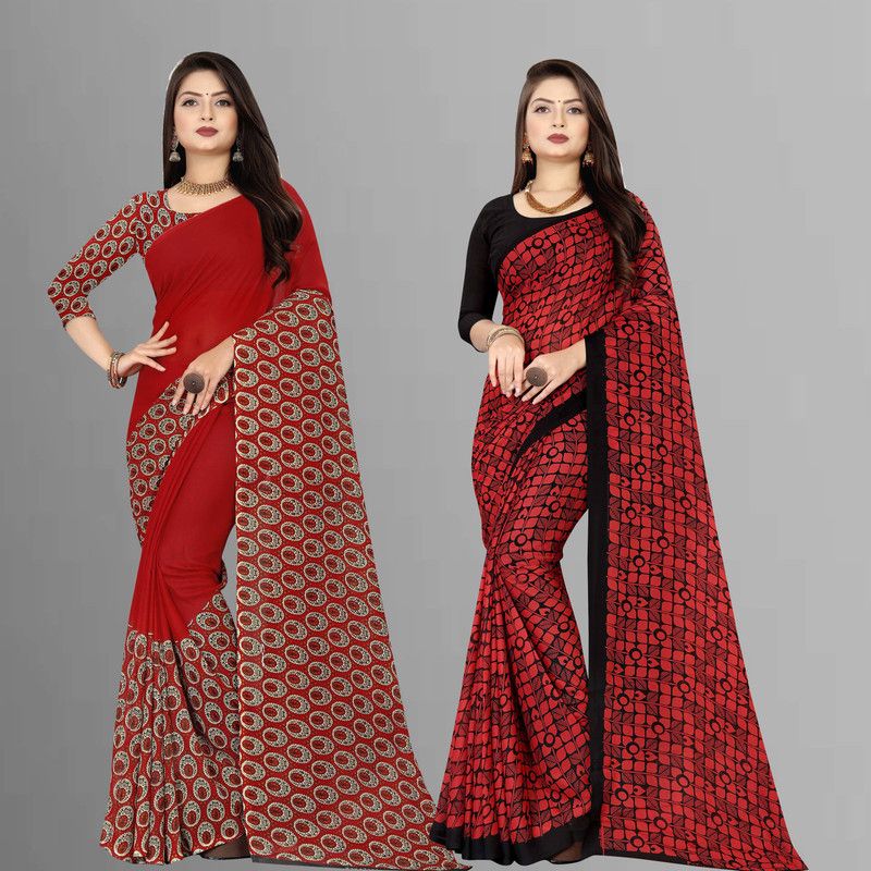 Floral Print Bollywood Georgette Saree  (Pack of 2, Red)