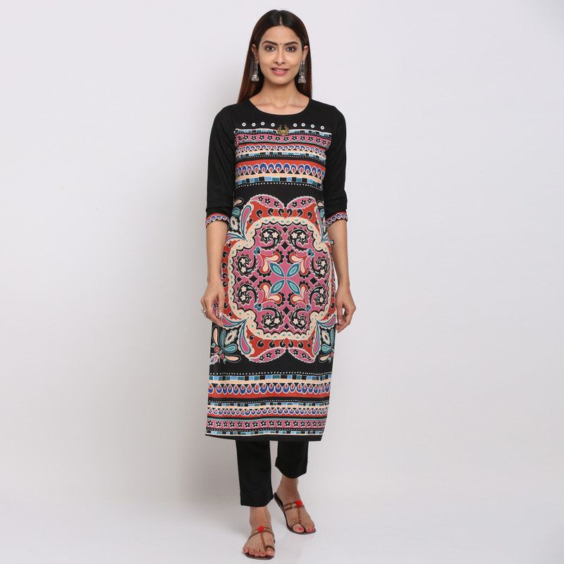 Women Printed Kurta  (Black, Multicolor)