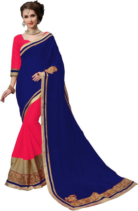 Self Design, Embroidered, Embellished, Solid/Plain Bollywood Georgette Saree  (Dark Blue, Pink)