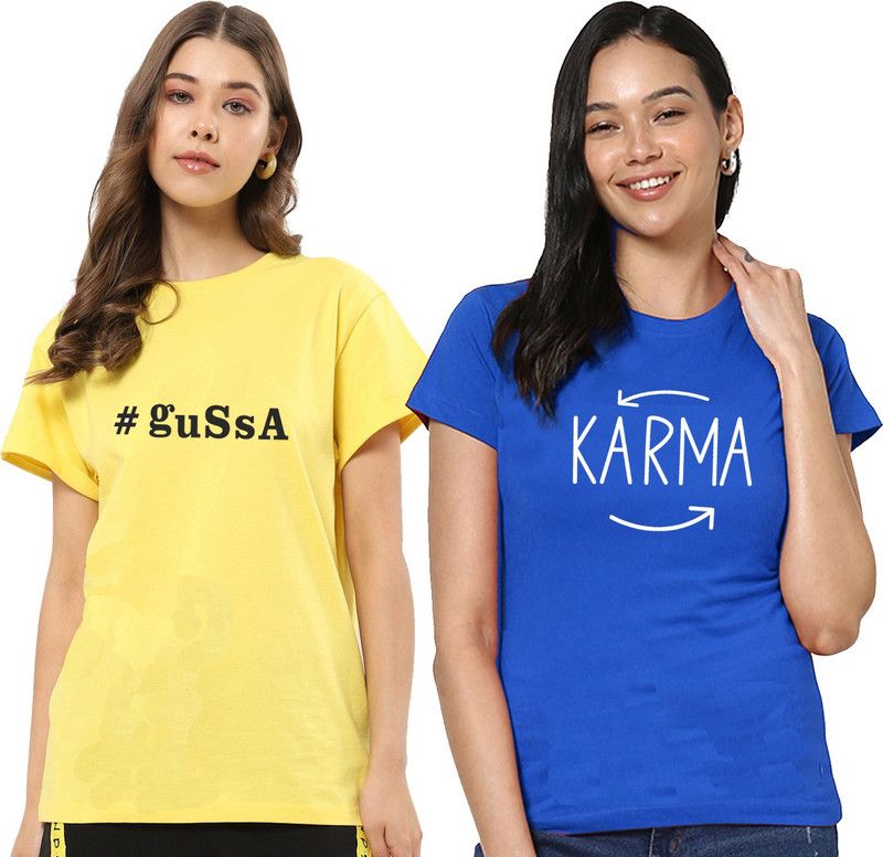 Printed Women Yellow, Blue T-Shirt  (Pack of 2)