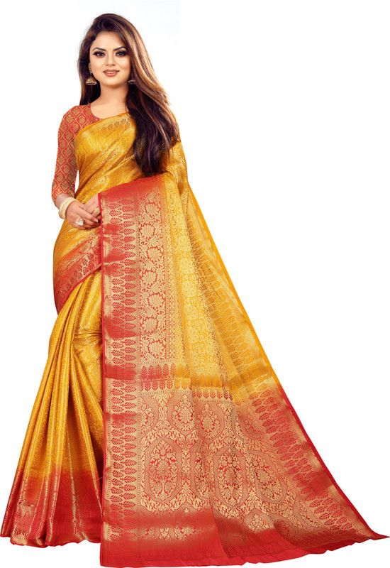 Woven Kanjivaram Art Silk, Cotton Silk Saree  (Yellow)