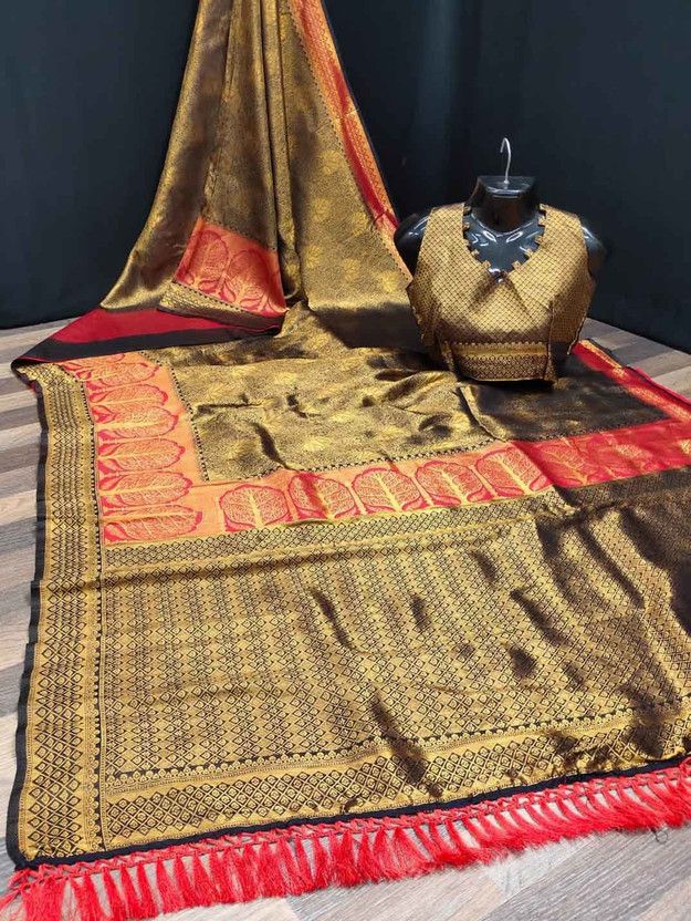 Woven Banarasi Nylon Saree  (Gold)