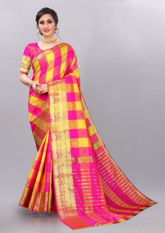 Checkered Chettinadu Cotton Silk Saree  (Pink, Yellow)