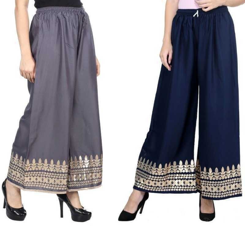 Pack of 2 Women Flared Grey, Dark Blue Viscose Rayon Trousers