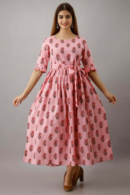 Women Printed Cotton Rayon Flared Kurta  (Pink)