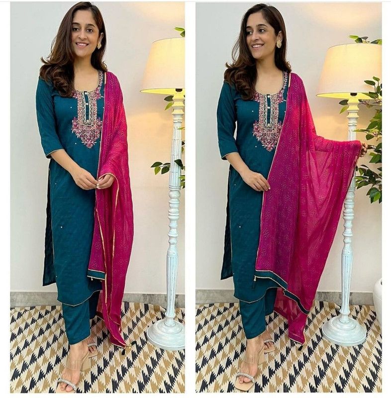 Women Solid Cotton Silk A-line Kurta  (Blue)