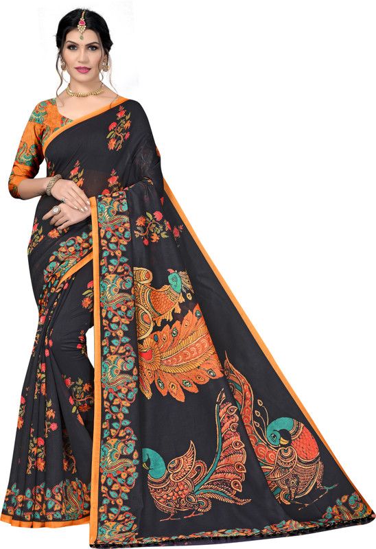 Printed Chanderi Cotton Silk Saree  (Multicolor)