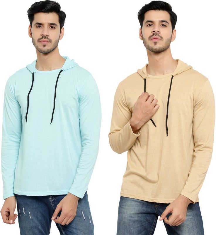 Pack of 2 HMT Men Solid Hooded Neck Cotton Blend Blue, Beige T-Shirt
