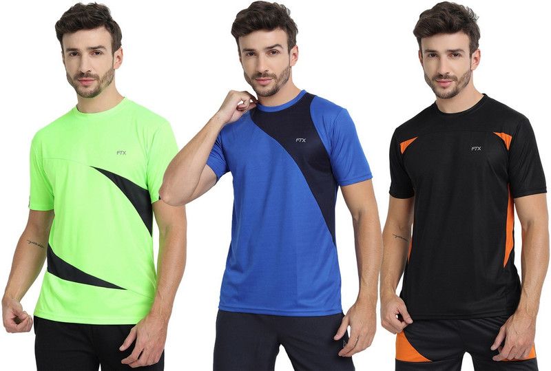 Pack of 3 Men Solid Round Neck Polyester Green, Blue, Black T-Shirt