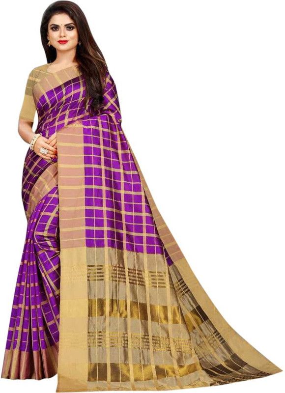 Banarasi Cotton Silk Saree  (Purple, Gold)
