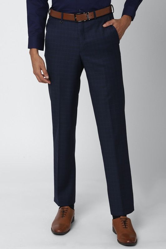 Men Regular Fit Dark Blue Wool Trousers