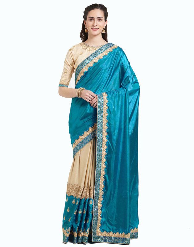 Embroidered Bollywood Silk Blend, Lycra Blend Saree  (Blue, Beige)