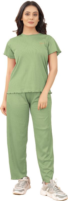 Women Night Suit Set Green Self Design
