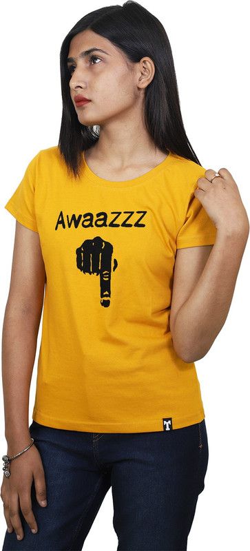 AwaazNiche-1S-Y Women Graphic Print Round Neck Reversible Cotton Blend Yellow T-Shirt