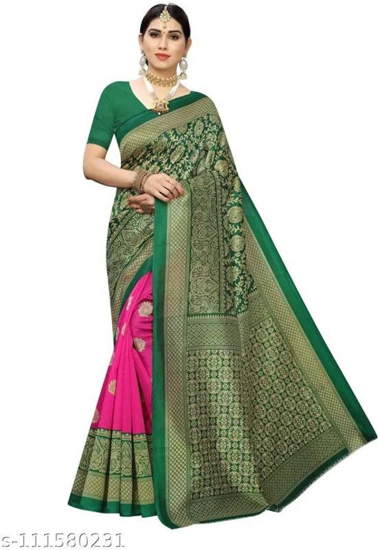 Printed Kanjivaram Art Silk Saree  (Green, Pink)