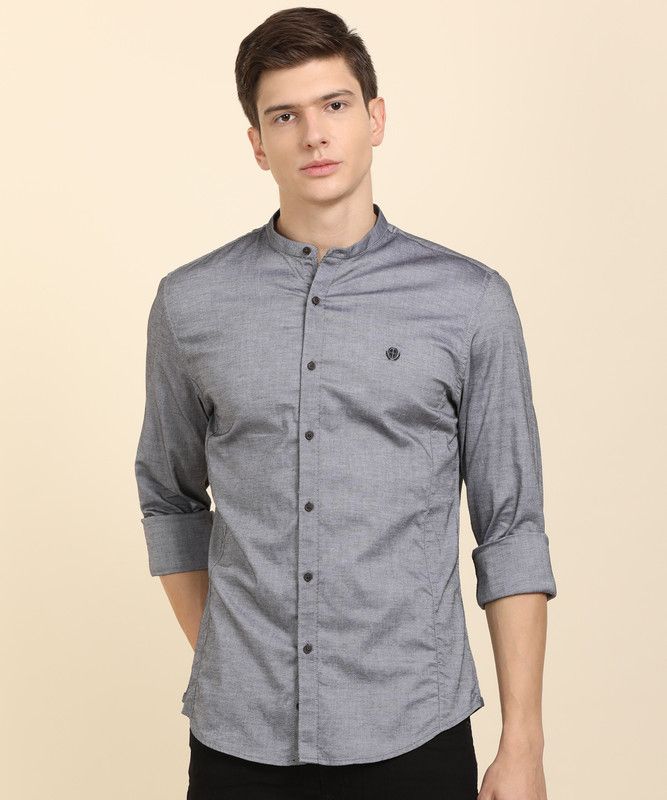 Men Super Slim Fit Self Design Mandarin Collar Casual Shirt