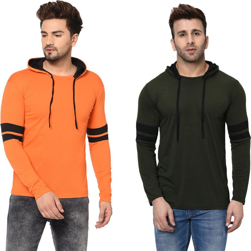 Pack of 2 Men Solid Round Neck Cotton Blend Dark Green, Orange T-Shirt