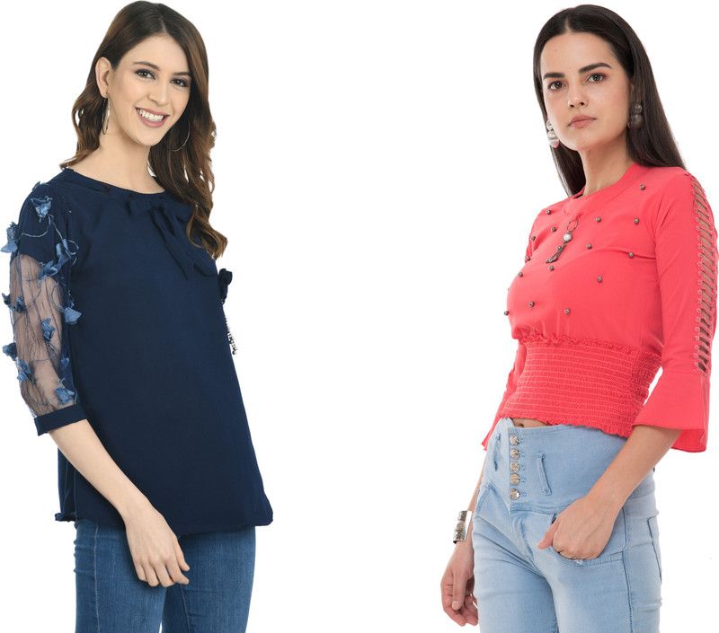 Pack of 2 Casual Regular Sleeves Self Design Women Red, Blue Top
