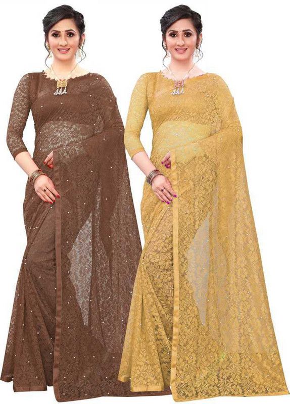 Embellished Bollywood Net, Brasso Saree  (Pack of 2, Brown, Yellow)