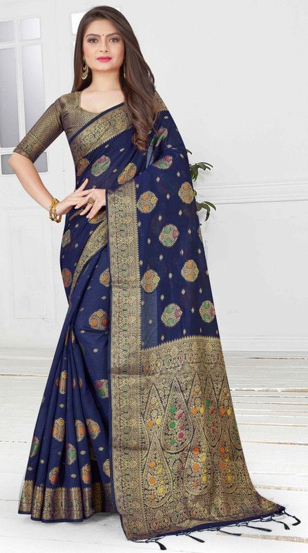 Printed Kanjivaram Cotton Silk Saree  (Blue)