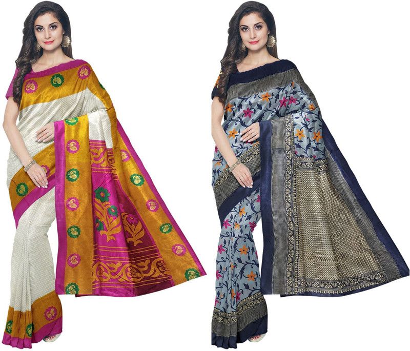Printed, Self Design, Woven, Floral Print, Embroidered Banarasi Pure Silk, Cotton Blend Saree  (Pack of 2, Multicolor)
