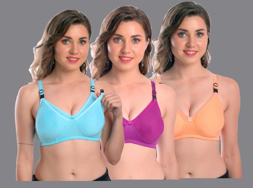 Pack of 3 Women Maternity/Nursing Non Padded Bra  (Purple, Orange, Light Blue)