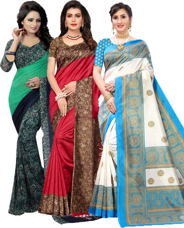 Printed Daily Wear Georgette Saree  (Pack of 3, Green, Red, Light Blue)