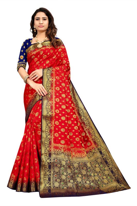 Woven Kanjivaram Jacquard Saree  (Dark Blue, Red)