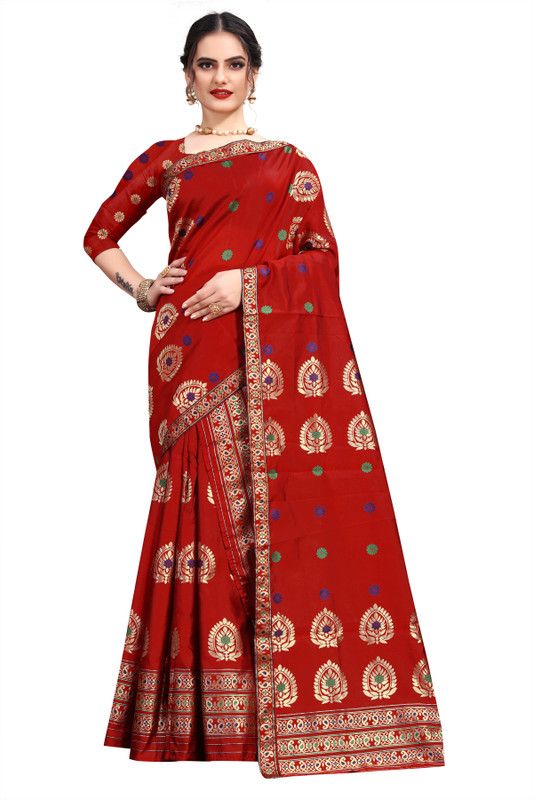 Solid/Plain Mekhela Chador Jacquard Saree  (Maroon)