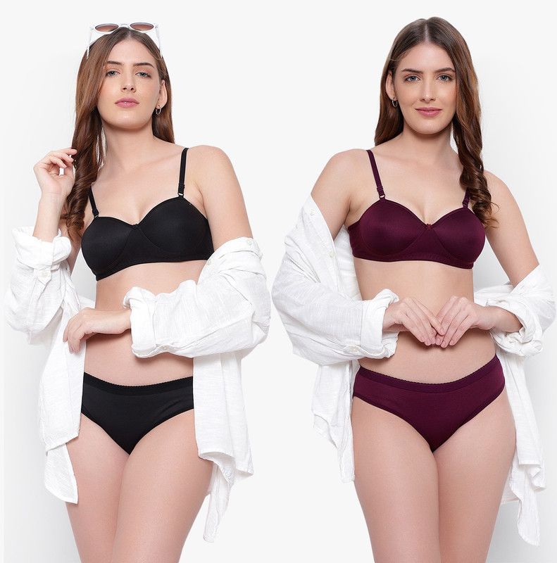 Bra & Panty Set Solid Purple, Black Lingerie Set