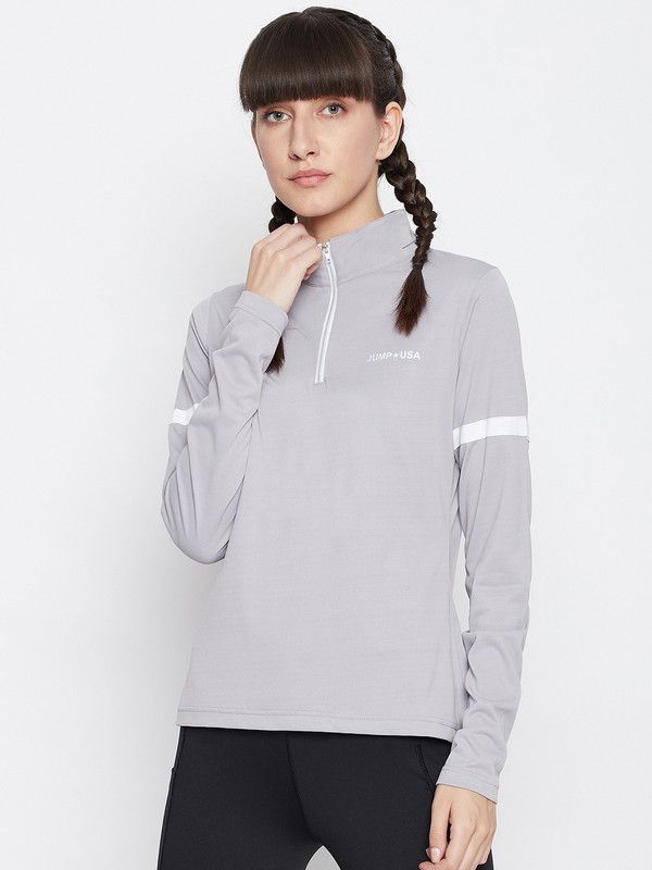 Women Solid Turtle Neck Polyester Grey T-Shirt
