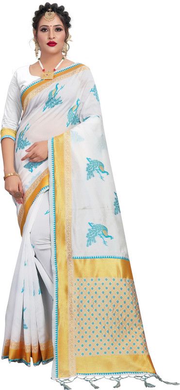 Woven Banarasi Cotton Blend, Jacquard Saree  (White, Gold)