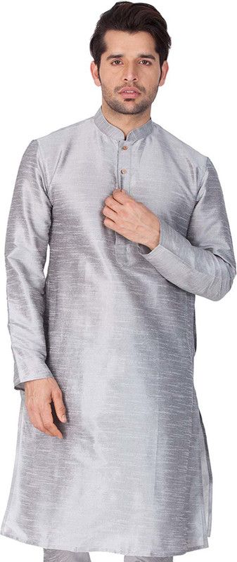 Men Solid Silk Blend Straight Kurta  (Silver)