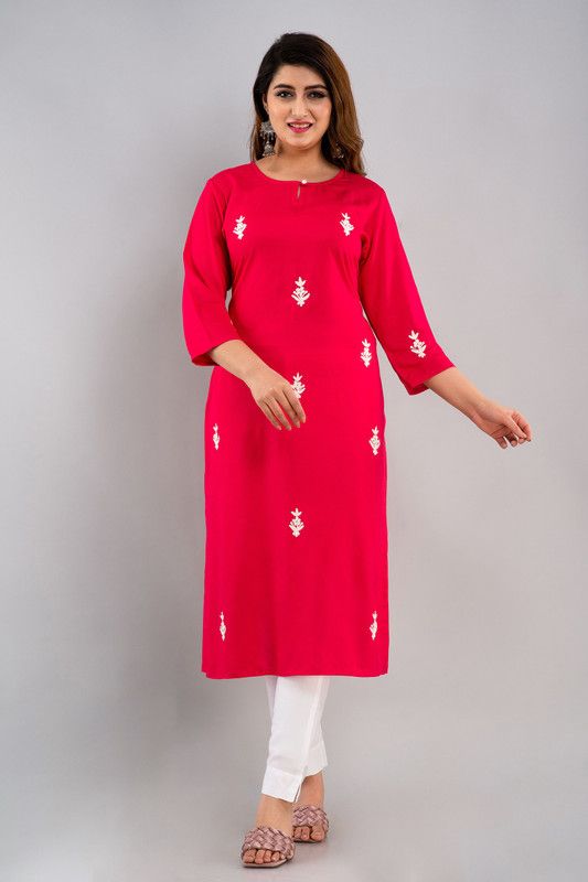 Women Embroidered Kurta  (Pink, Red)