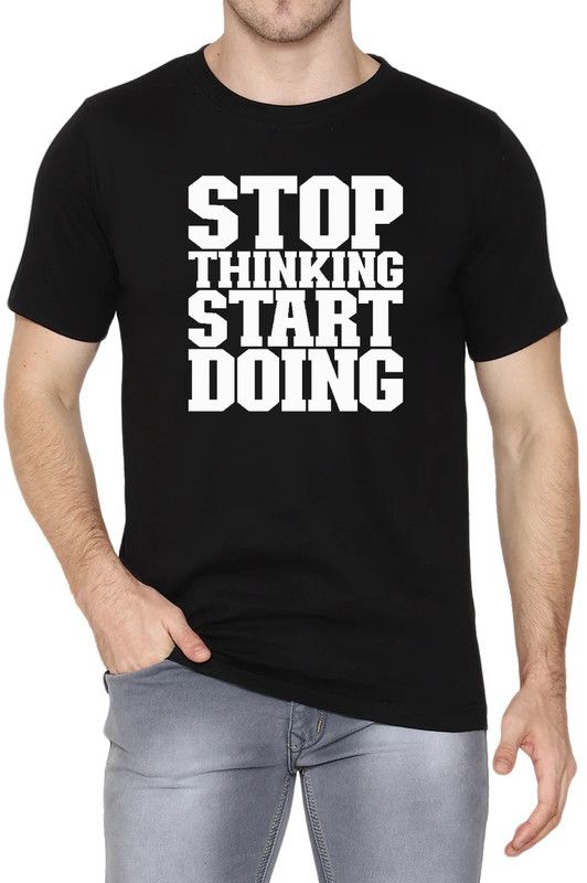 B249 Men Printed Round Neck Poly Cotton Black T-Shirt