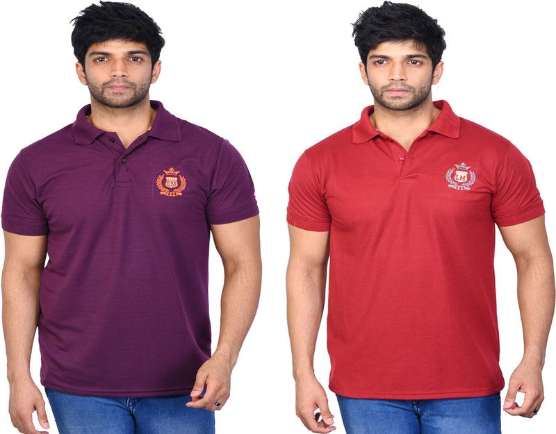 Pack of 2 Men Solid Polo Neck Cotton Blend Purple, Maroon T-Shirt