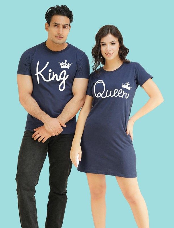Pack of 2 Couple Typography Round Neck Cotton Blend Multicolor T-Shirt