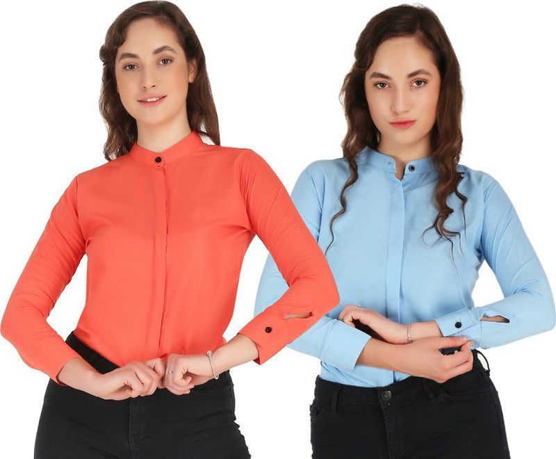 Women Solid Casual Dark Blue, Dark Green Shirt  (Pack of 2)