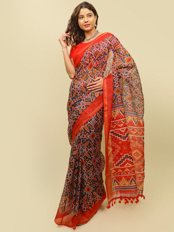 Printed Daily Wear Cotton Blend Saree  (Red, Blue)