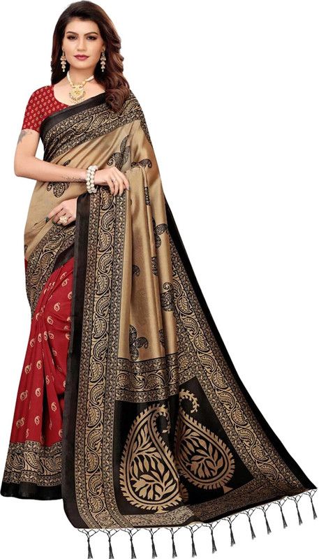 Printed Handloom Pure Silk Saree  (Red, Black)