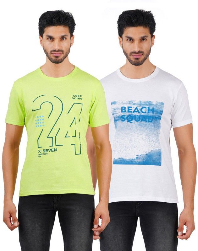 Pack of 2 VIBRANT VESTURE T-shirt for Men Men Printed Round Neck Pure Cotton White, Light Green T-Shirt