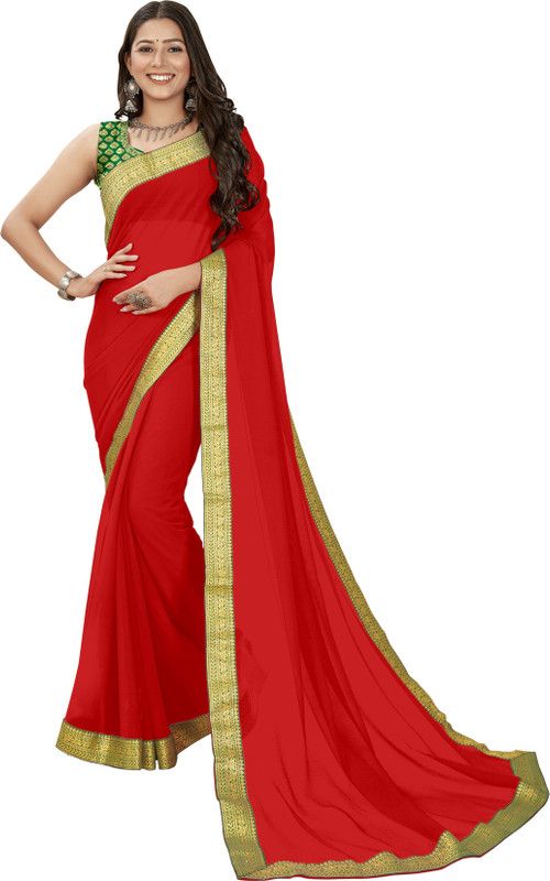 Embellished, Solid/Plain Bollywood Chiffon Saree  (Red)