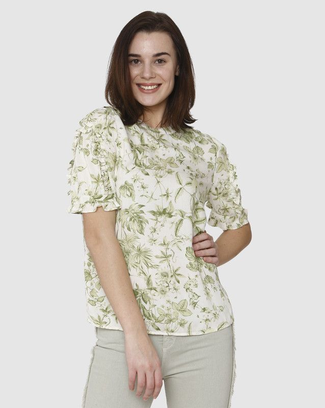 Casual Puff Sleeves Printed Women White, Light Green Top